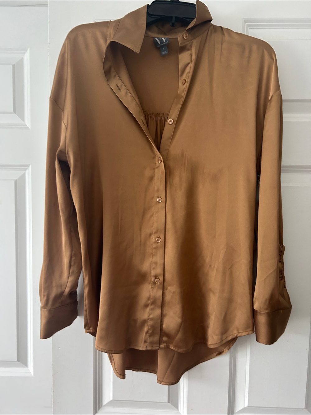 W by Worth Satin Button-Front Blouse in Camel Brown